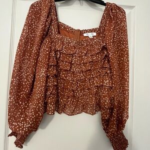 She + Sky Brown Polka Dot Ruffle Cropped Blouse